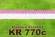 kr770c - Elástico escarola de 14 mm. Poliéster - Elastano. Color: Blanco/Rosa. Uso frecuente en: Pantaletas, Bikini, Corpiño, Playeras, Tanga. kr770c